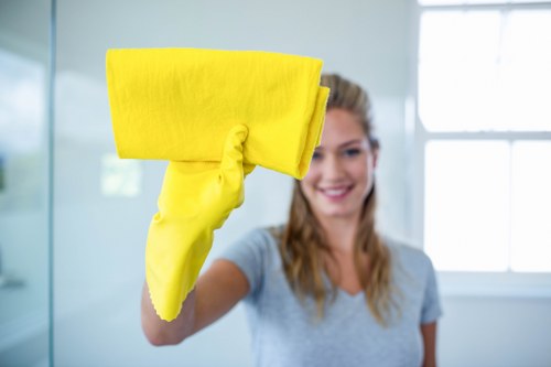 Cleaner treating a carpet area during a service visit