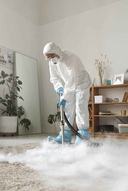 A professional cleaner from Surrey Quays Carpet Cleaners engaged in deep cleaning a beige, textured carpet in a residential living room. The cleaner is dressed in full protective gear, including a whi