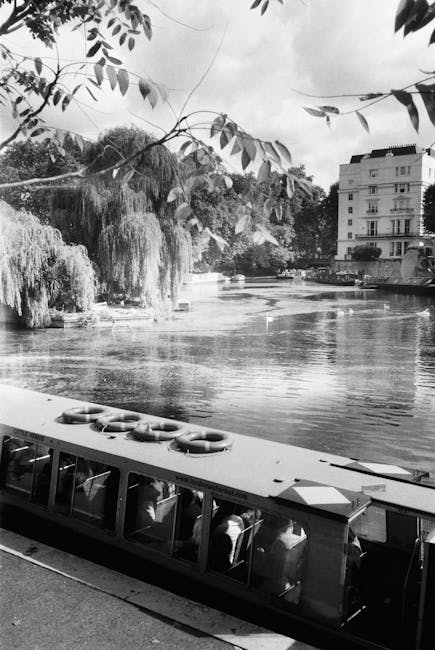 A black and white photograph capturing a riverside scene near Greenland Dock, illustrating the reflective water surface surrounded by lush trees, including a prominent weeping willow. In the foregroun